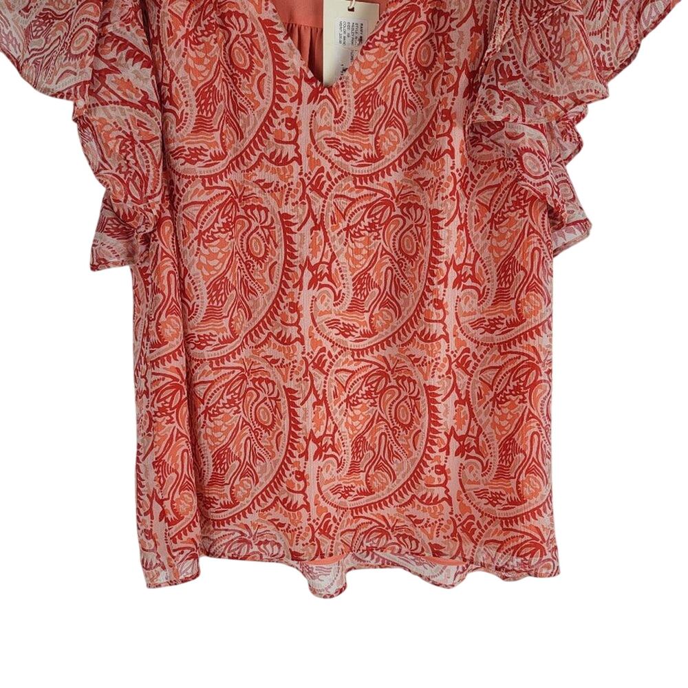 NEW Ramy Brook Paisley Printed Flutter Sleeve Silk Blouse V-neck Bright Red xs - Picture 4 of 6